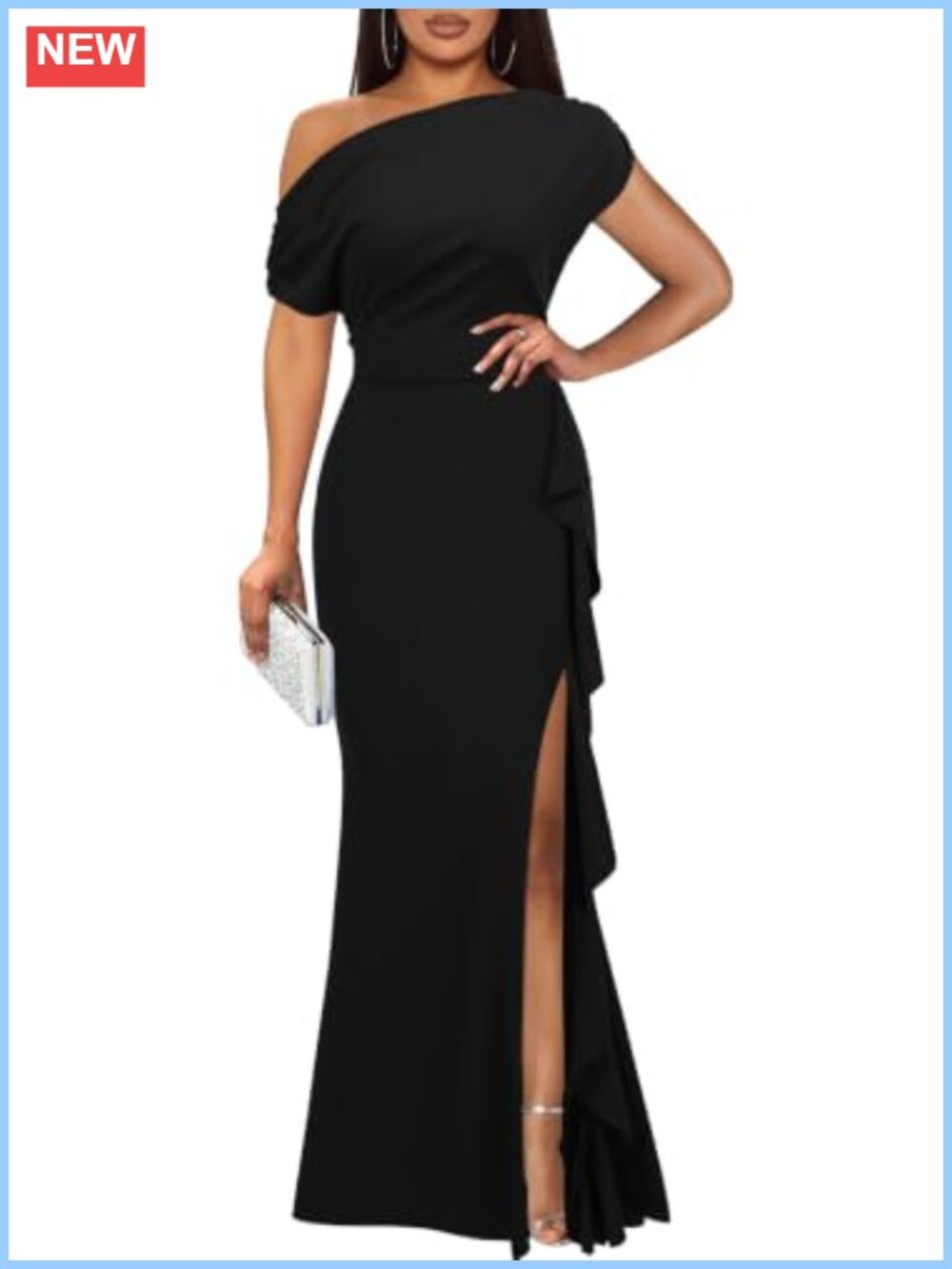 WOOSEA Women's Elegant Sleeveless Off Shoulder Ruffle Split Formal Party Maxi